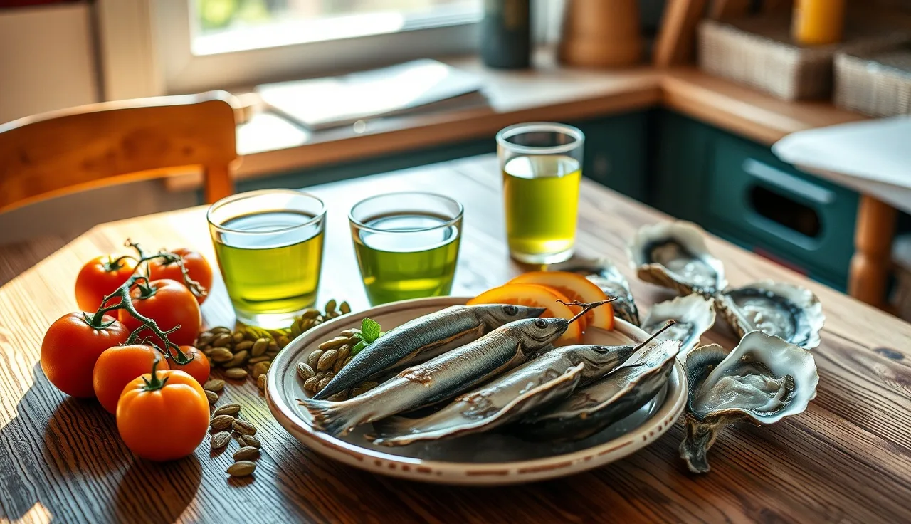 Foods linked to lower DHT spread on a wooden kitchen table in afternoon light