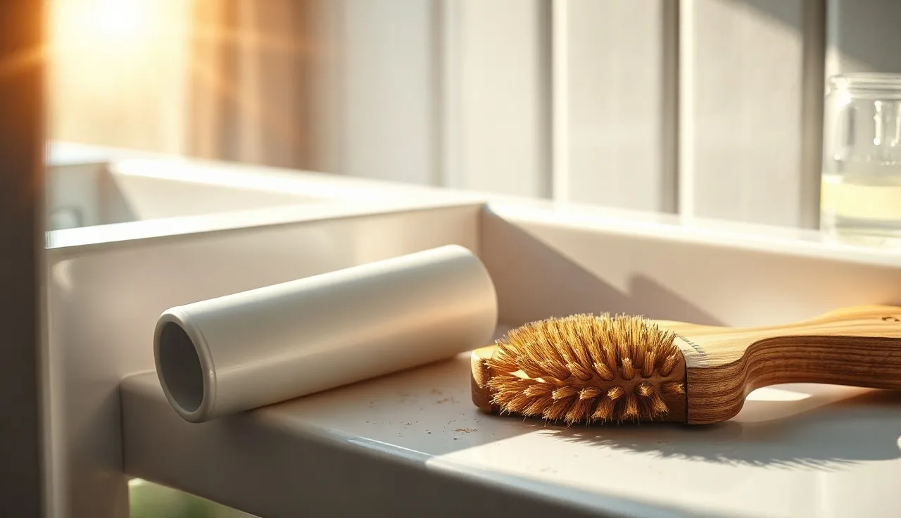Aerosol dry shampoo can and hairbrush on bathroom shelf with shed hairs