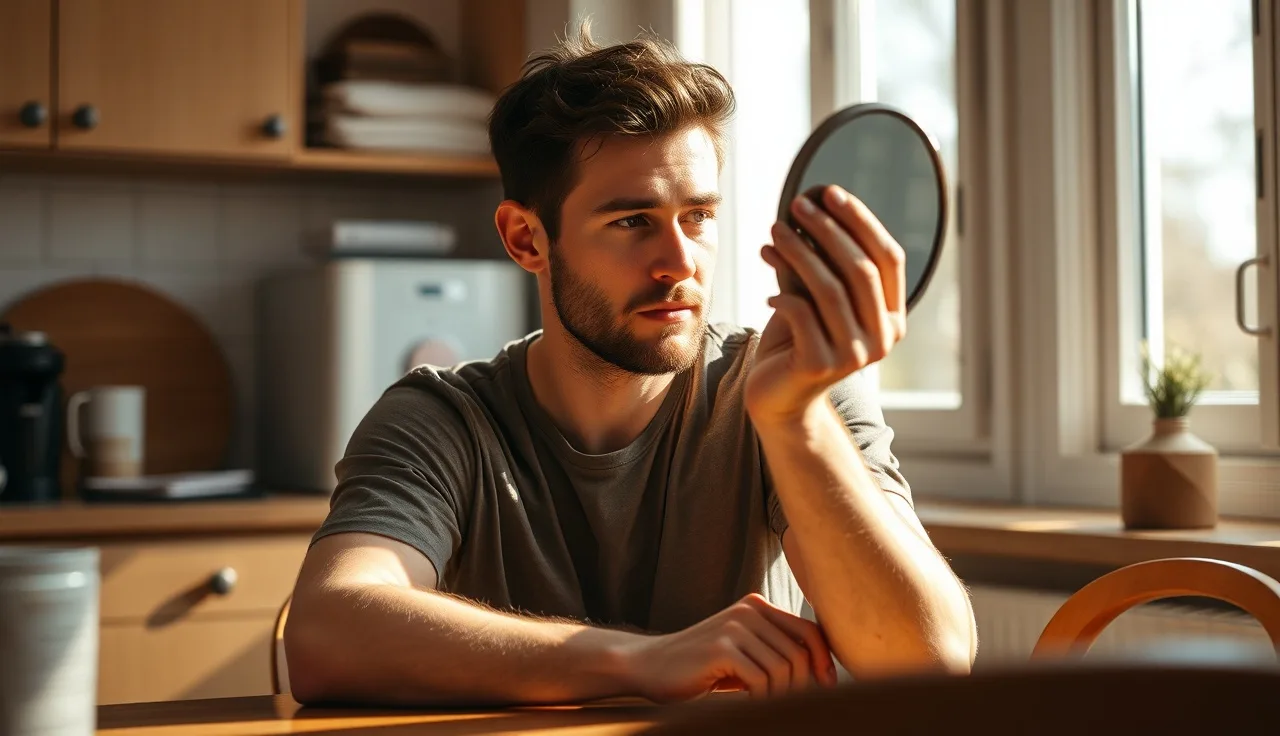 Man examining his hairline in a hand mirror at a kitchen table