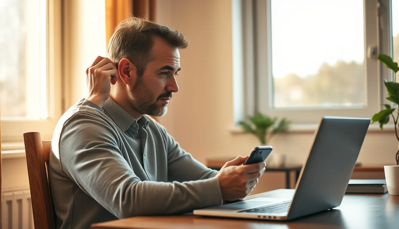 Man examining his hairline at a desk with a phone nearby in morning light