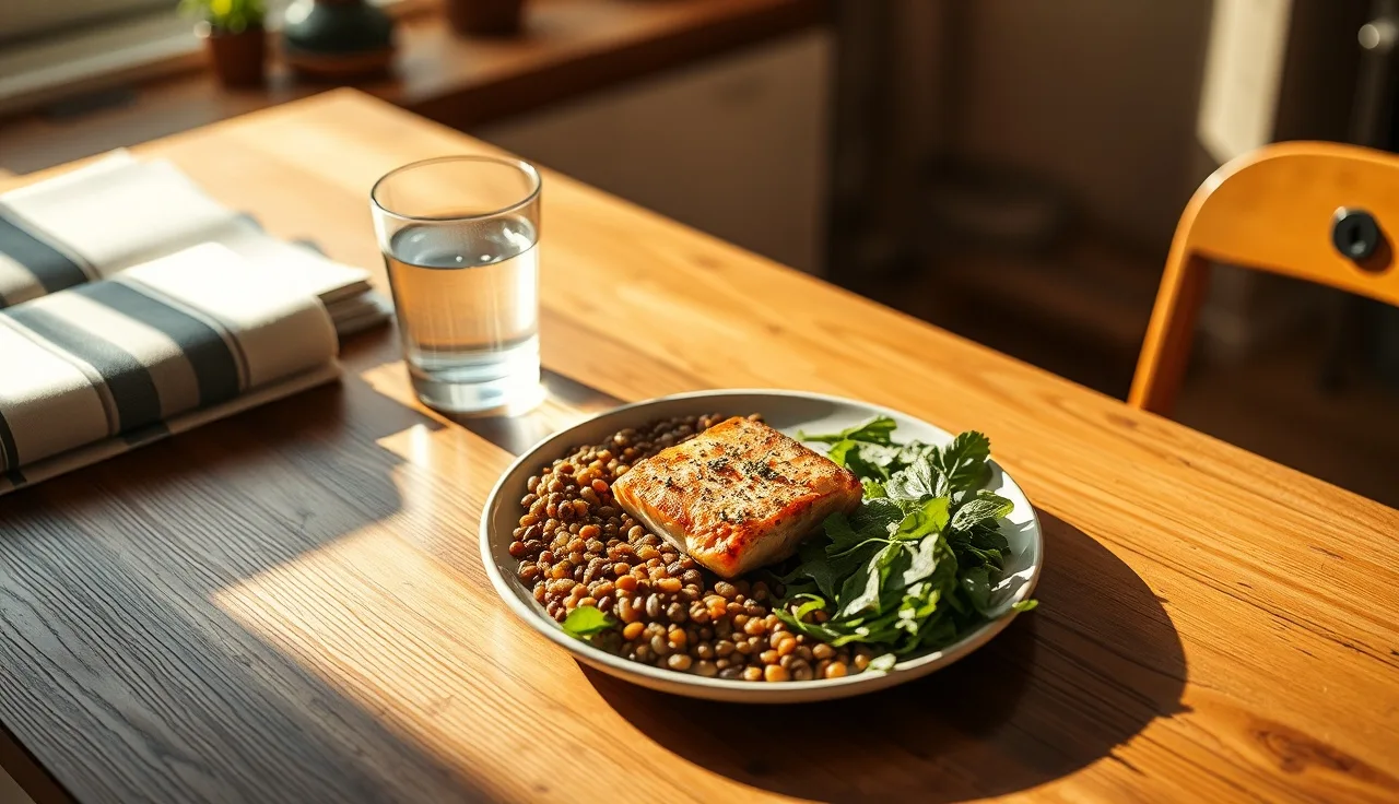 Balanced meal with salmon and greens on wooden table, representing diet and hair health
