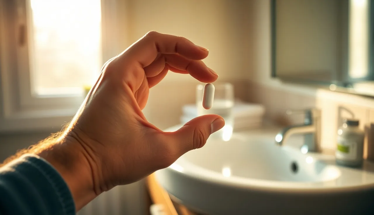 Man holding finasteride pill over bathroom counter in morning light