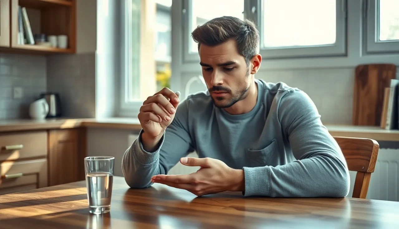 Man examining a small white finasteride pill at a kitchen table in morning light