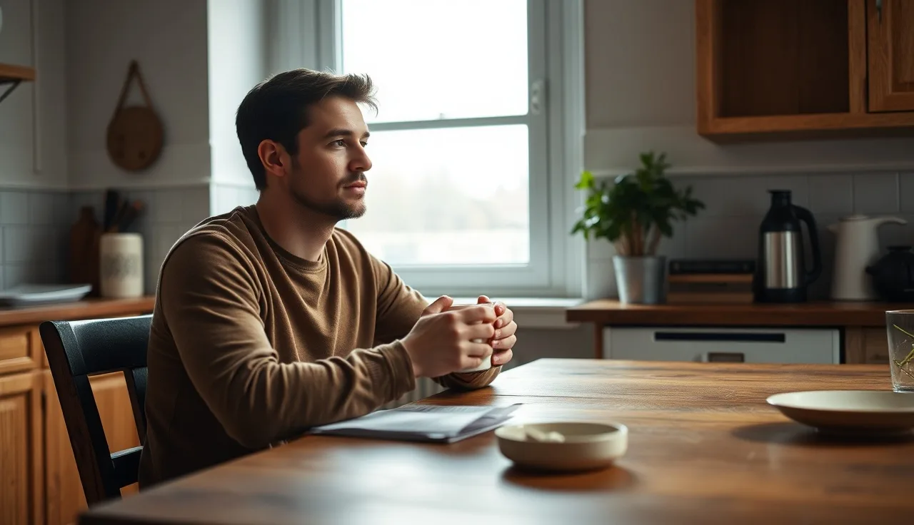 Man sitting alone at kitchen table in morning light looking contemplative