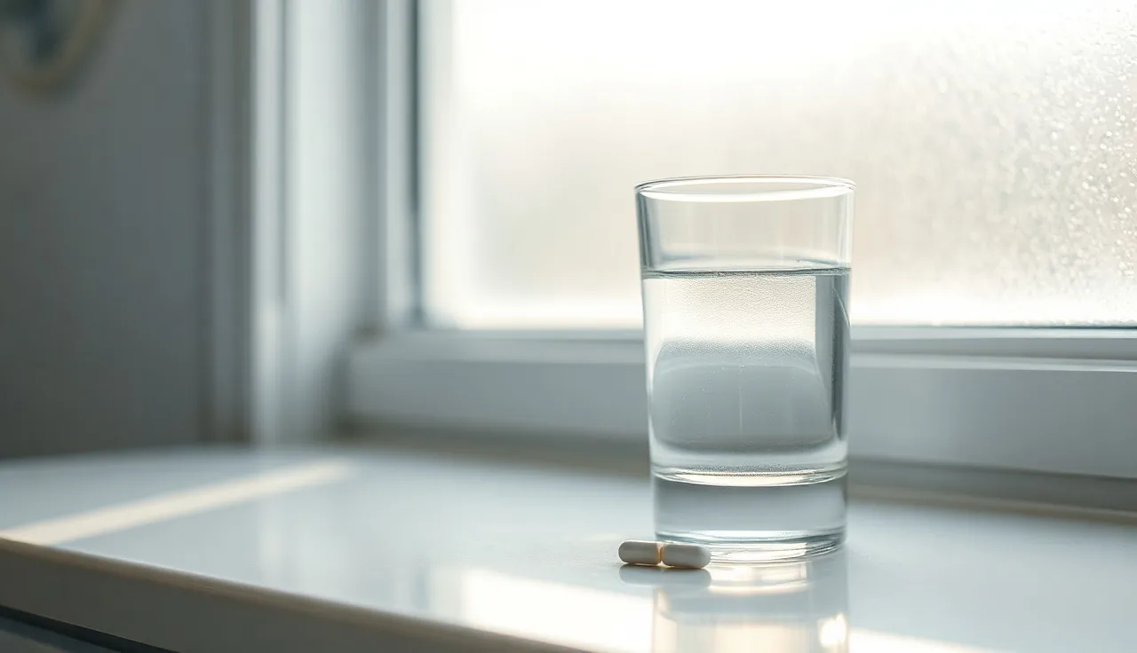 A single small white pill beside a glass of water on a bathroom counter