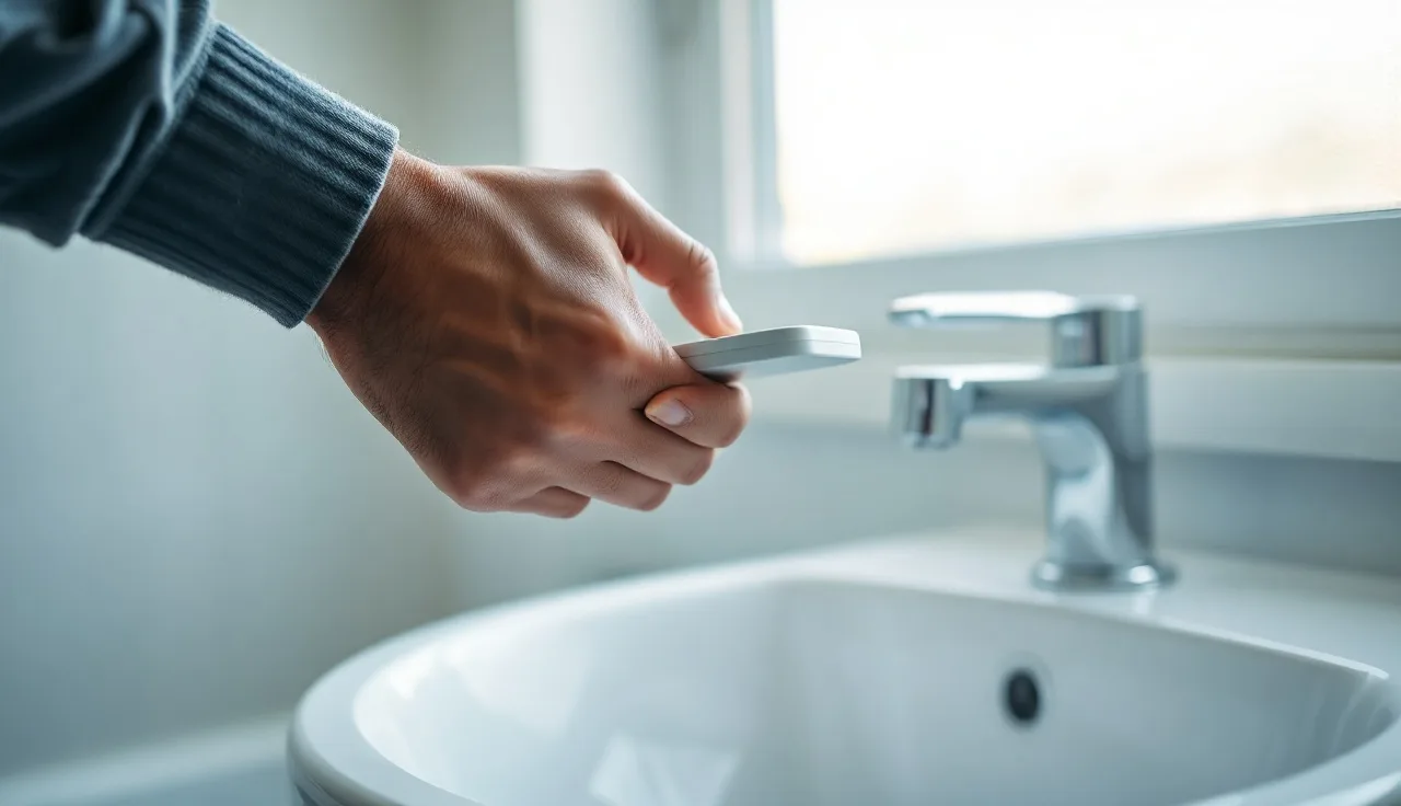 Man holding a finasteride tablet over a bathroom sink in morning light
