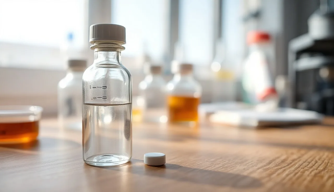 Small white finasteride tablet beside a glass vial on a wooden bench