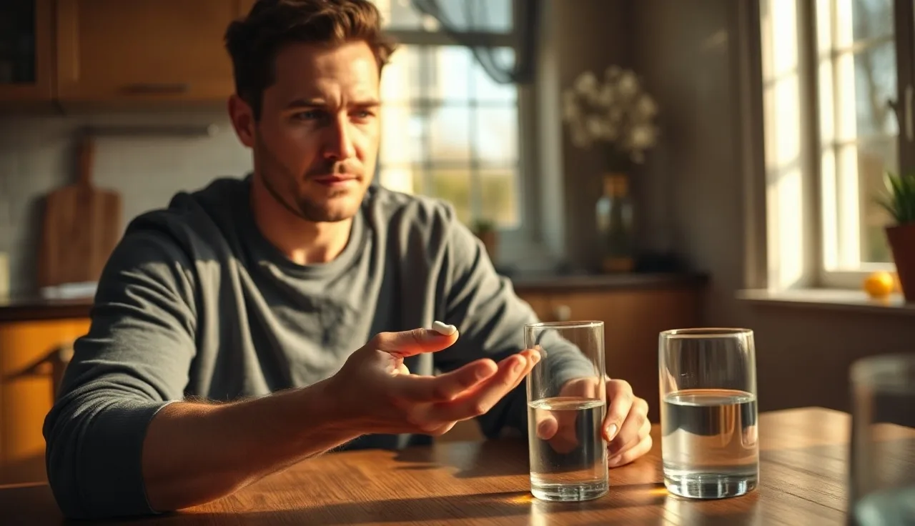 Man examining finasteride pill in morning kitchen light before taking it