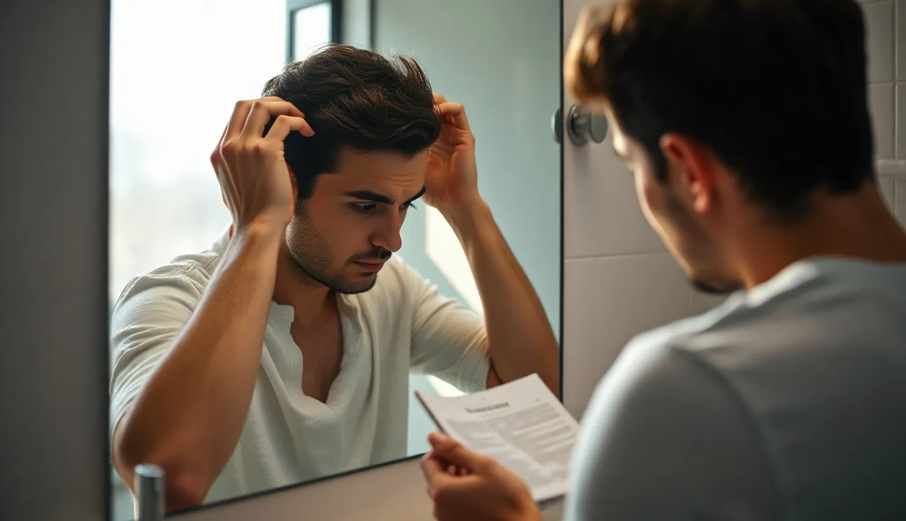 Man examining his hairline in bathroom mirror in morning light