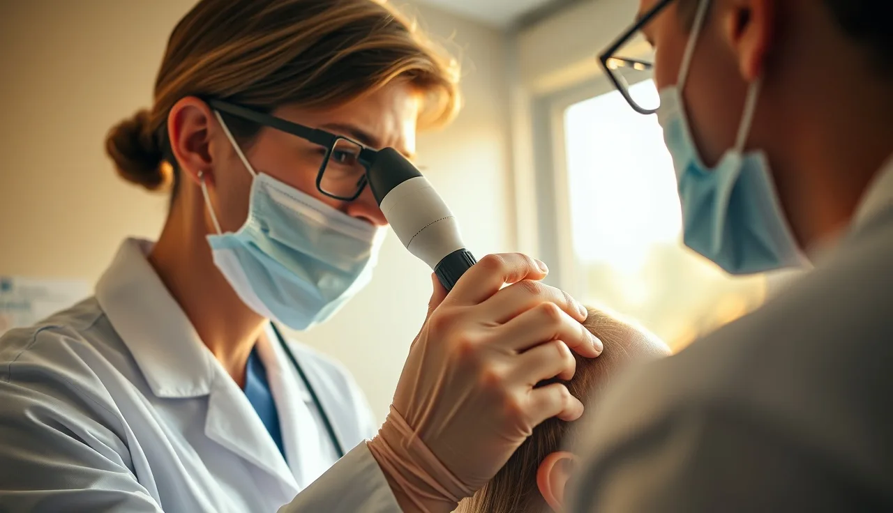 Dermatologist examining patient scalp for follicle inflammation and fibrosis signs