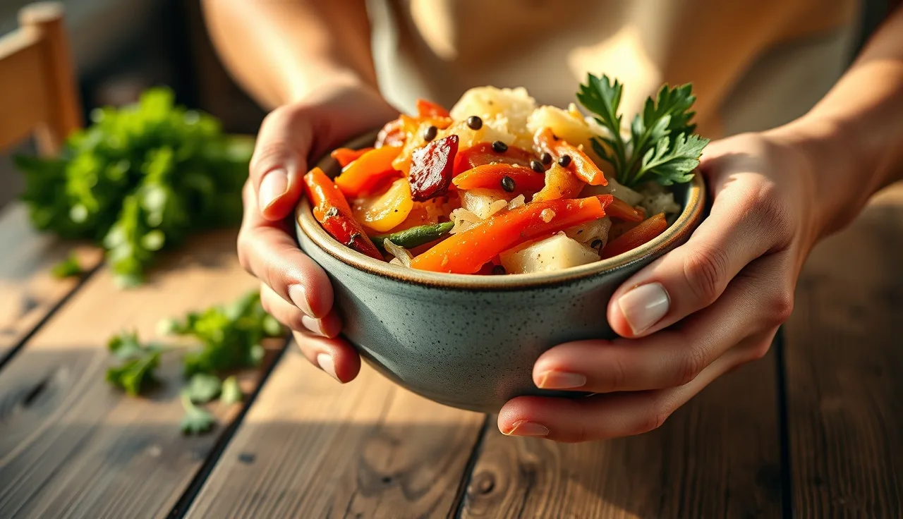 Ceramic bowl of fermented vegetables on a wooden table, gut health concept for hair loss
