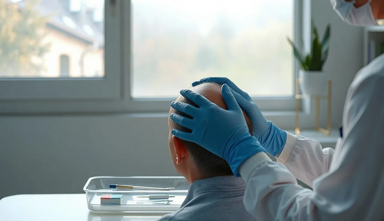 Surgeon examining a patient scalp before hair transplant surgery in a clinic