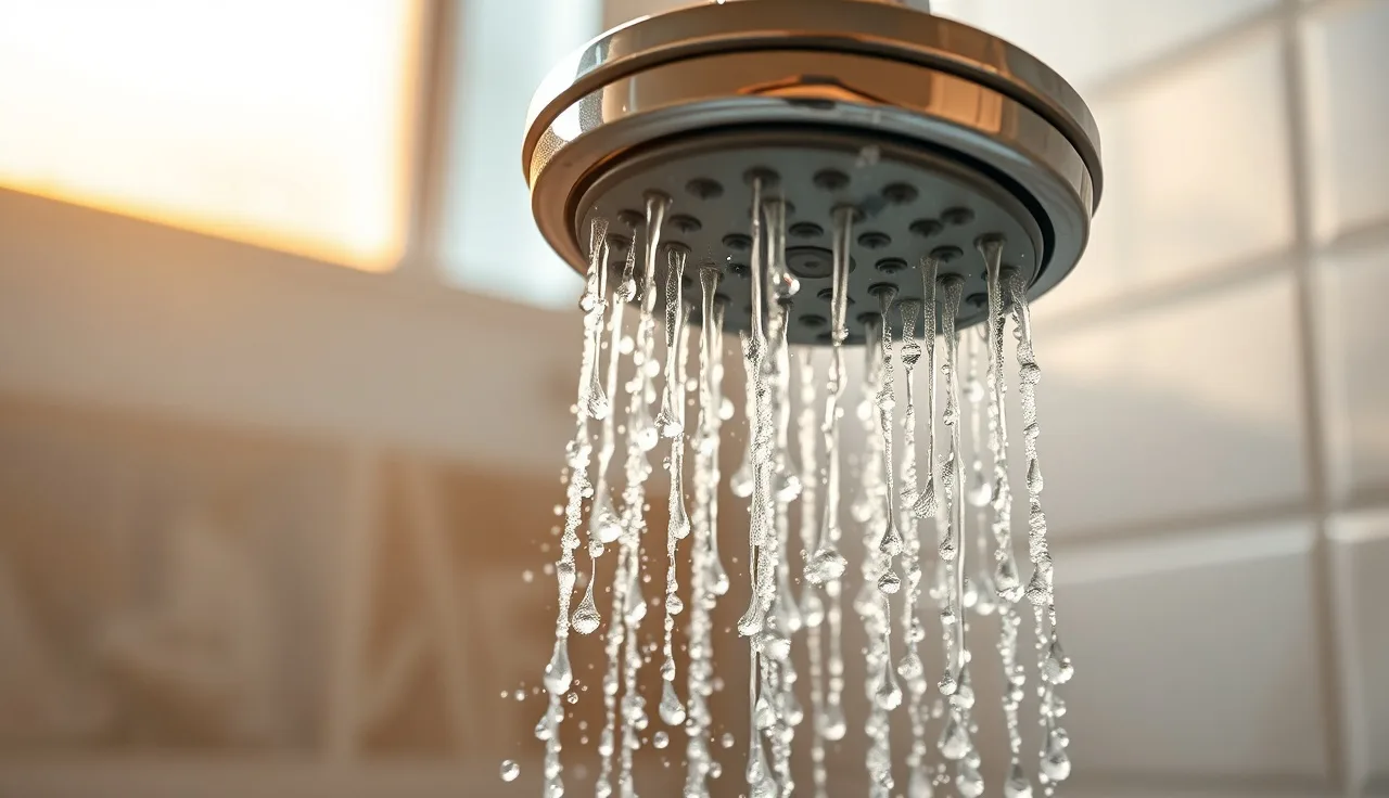 Mineral-scaled showerhead releasing hard water droplets in soft morning light