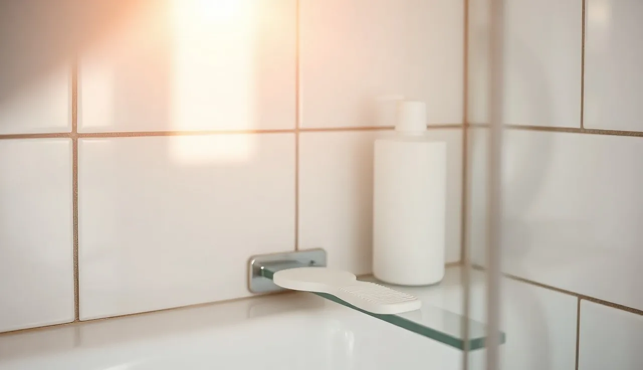 Shower shelf with shampoo bottle and comb illustrating hair washing routine