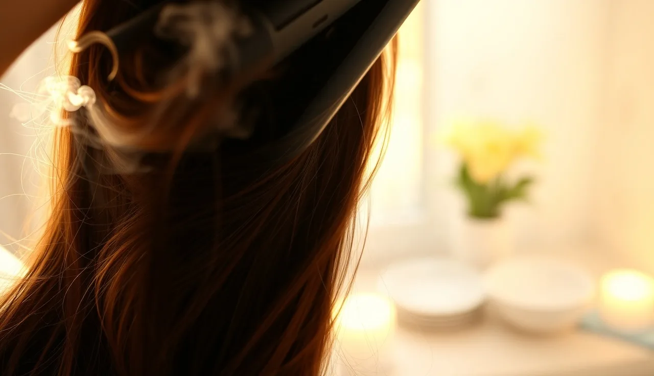 Woman using flat iron on dark hair with steam visible near scalp