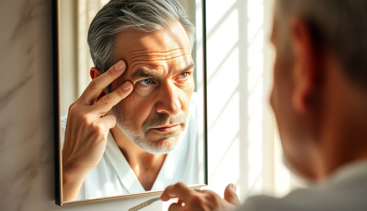 Middle-aged man checking hairline in bathroom mirror, hair loss and prostate concerns