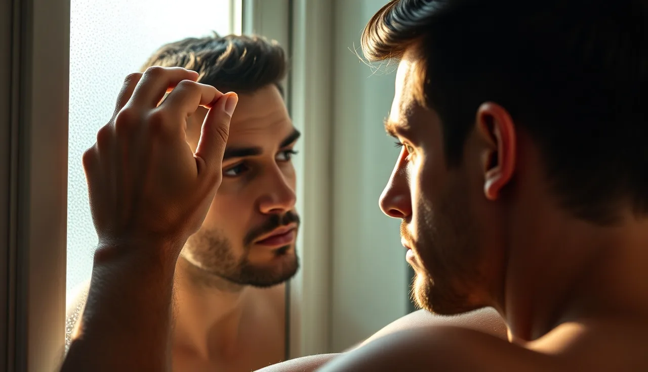 Man in his thirties examining his hairline in a bathroom mirror in morning light
