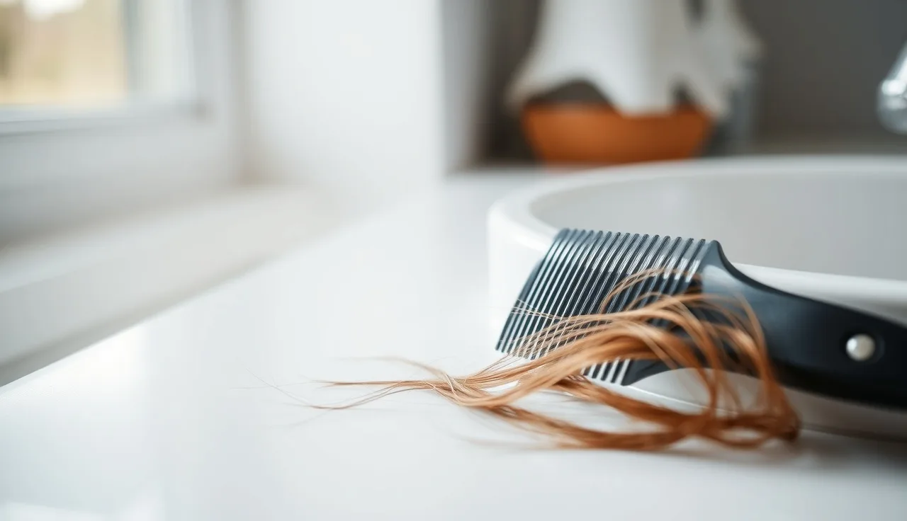A comb with shed hair strands on a bathroom counter, representing hair loss from low ferritin