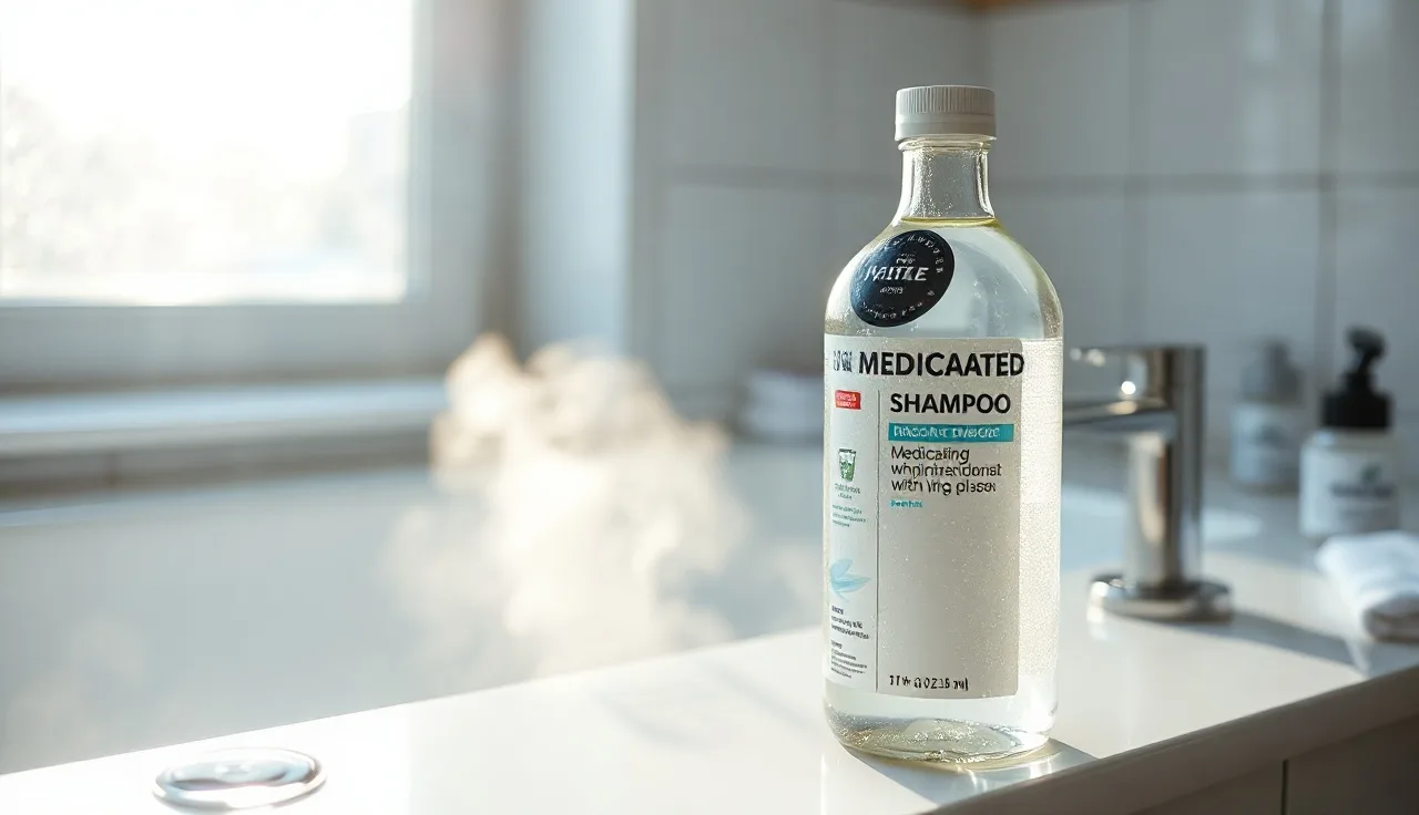 Clear shampoo bottle on bathroom shelf with soft morning light, hair loss treatment context