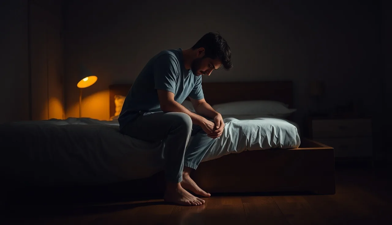 Man awake in dim bedroom late at night struggling with sleep and hair loss stress