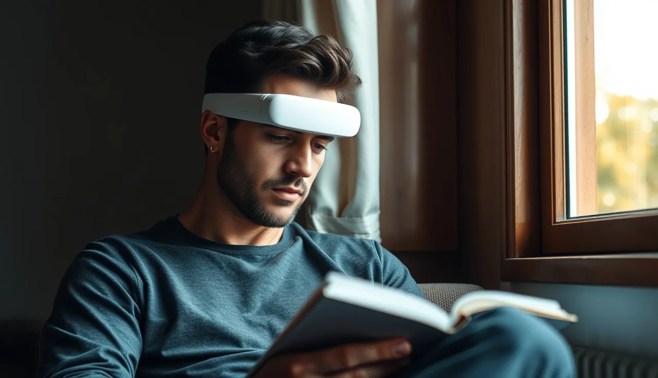Man wearing a white laser cap hair growth device by a sunlit window