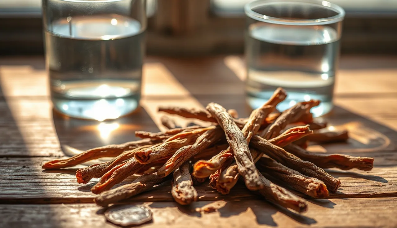 Dried licorice root pieces on a wooden surface in natural light