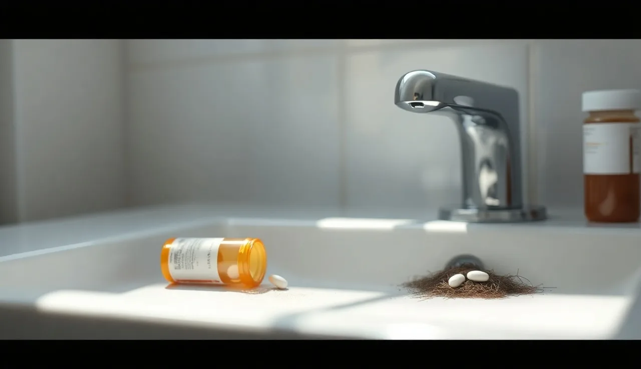 Prescription pill bottle beside shed hair strands on a bathroom counter