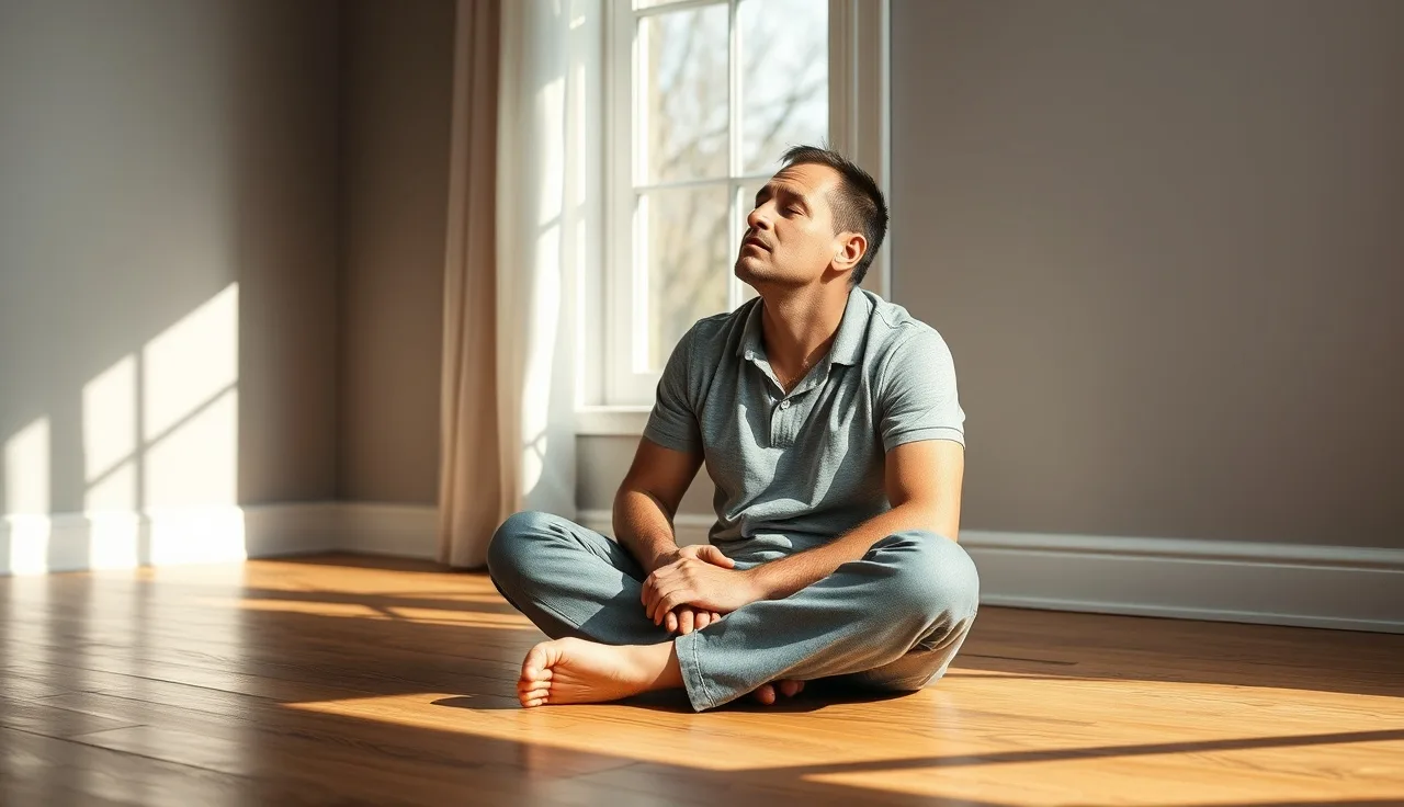 Man meditating near a sunlit window, showing thinning hairline from above
