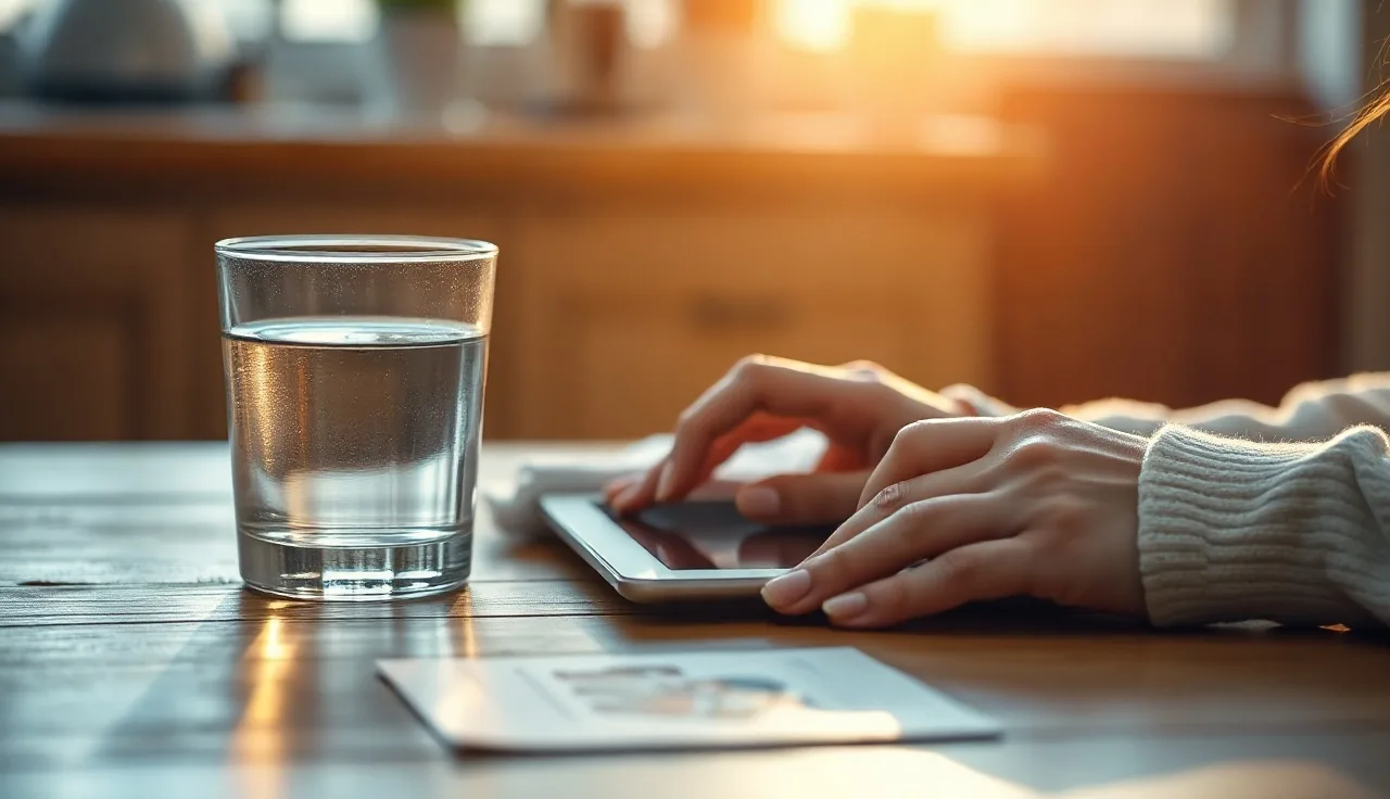 Woman holding a metformin tablet near a glass of water on a wooden table
