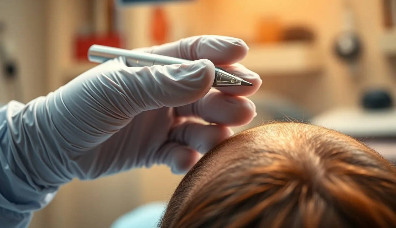 Gloved hand holding a microneedling pen above a patient scalp for hair loss treatment