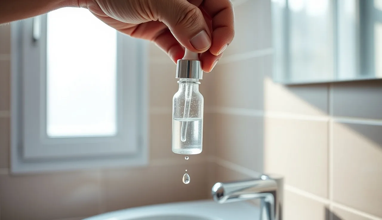 Man applying minoxidil drops to scalp in bathroom morning light