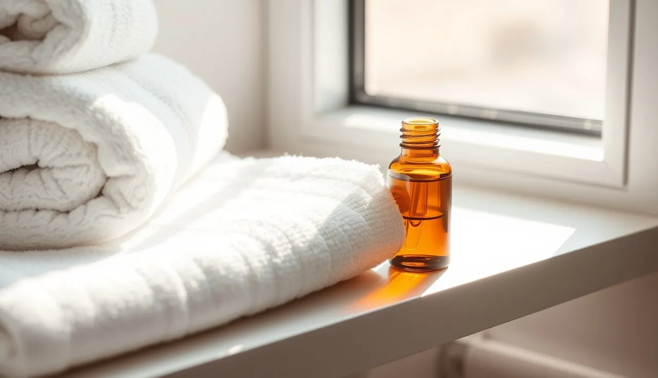 Amber dropper bottle on a bathroom shelf beside a white towel