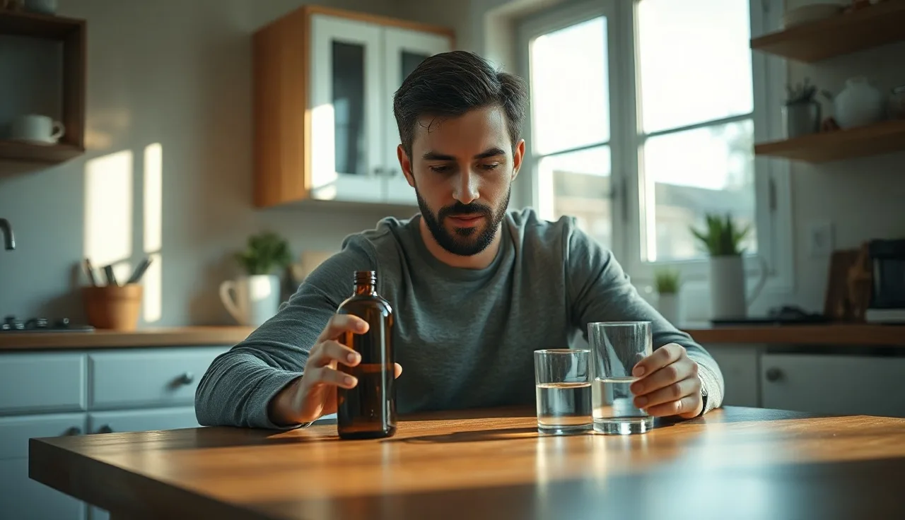Man examining a minoxidil bottle at a kitchen table in morning light