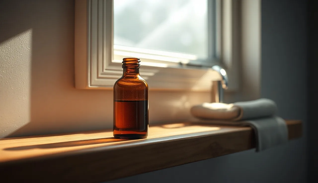 Amber bottle on wooden shelf with morning light, illustrating minoxidil storage