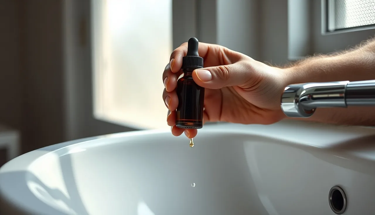 Man applying minoxidil drops over a bathroom sink in morning light