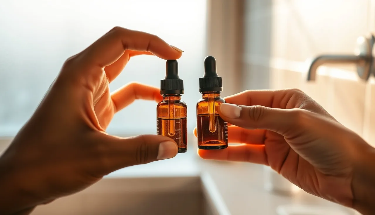 Two hands of different skin tones holding topical minoxidil dropper bottles on a bathroom counter