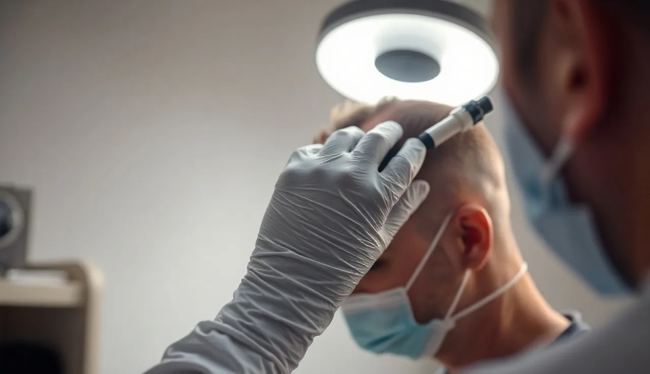 Dermatologist examining man's thinning scalp for hair loss assessment