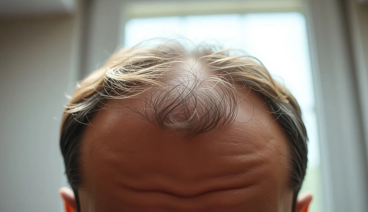 Man's thinning crown viewed from above showing hair loss pattern on scalp