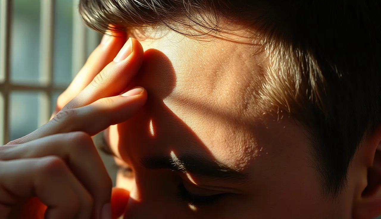 Man examining his receding hairline in bathroom mirror morning light