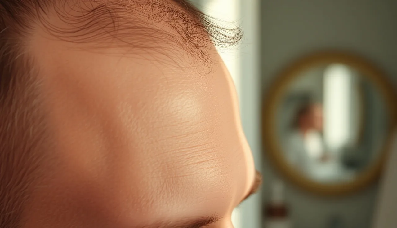 Man examining his temple hairline in morning light showing early hair thinning