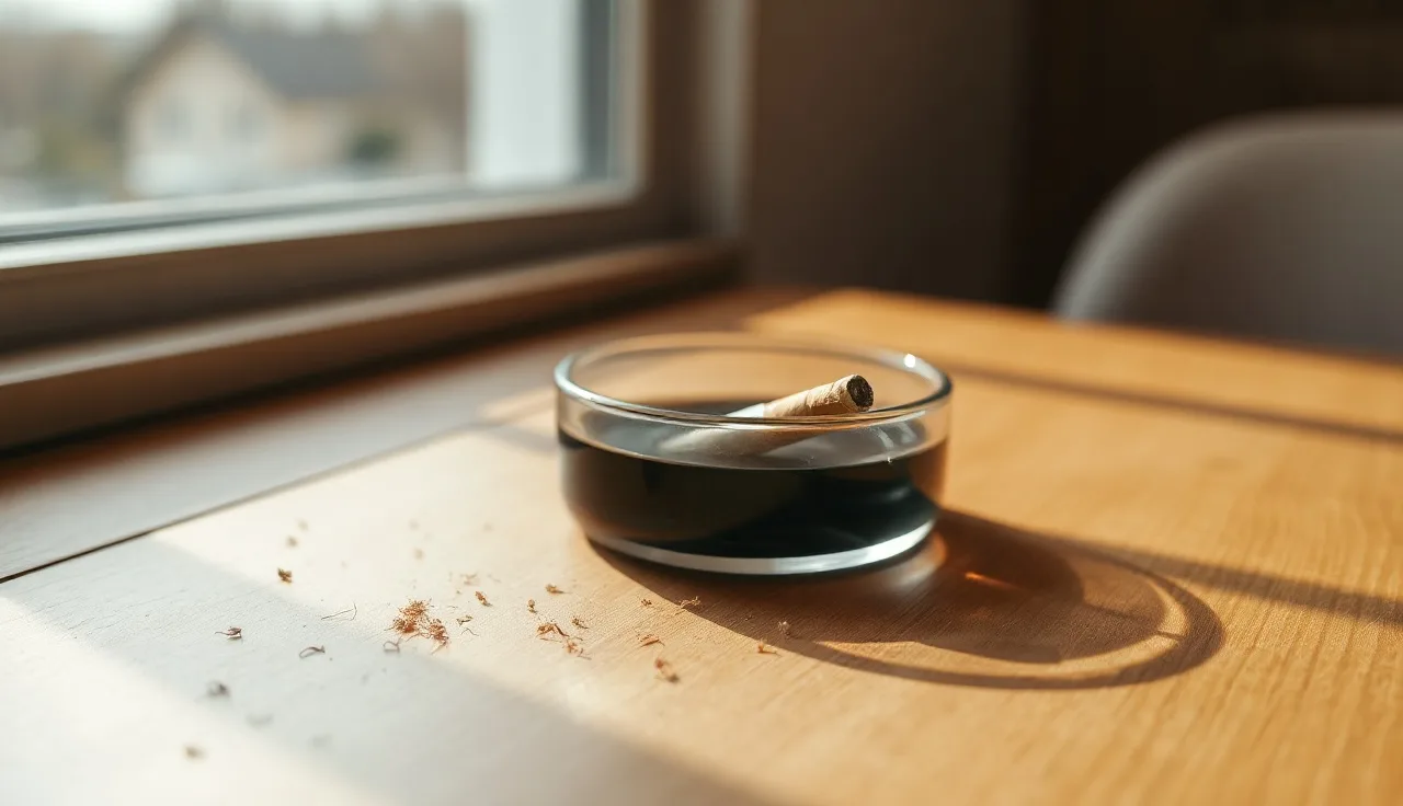 A cigarette in an ashtray beside loose hairs on a wooden table