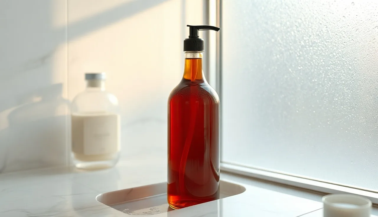 Clear shampoo bottle on a wet marble shelf with soft morning light