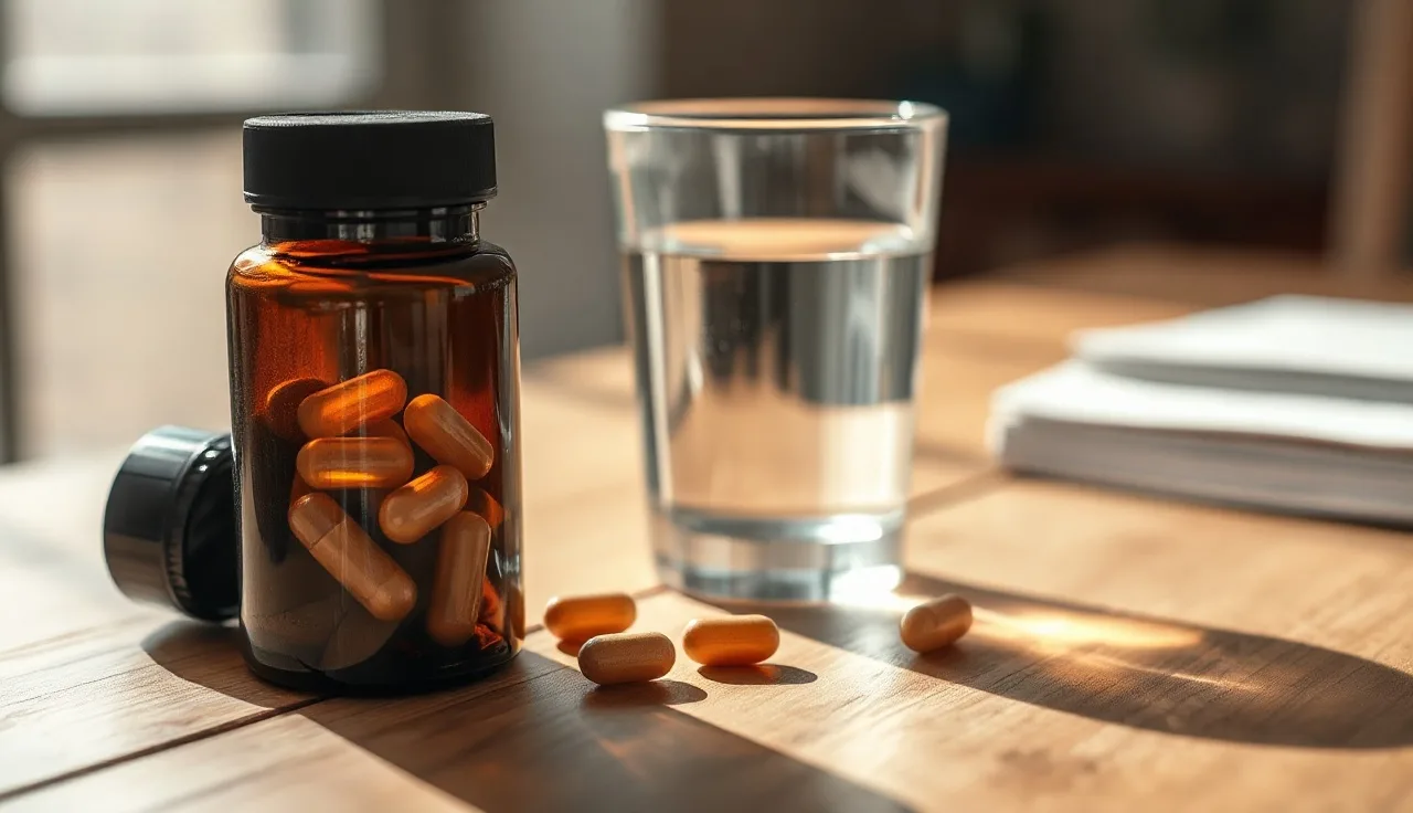Amber supplement bottle next to a glass of water on a wooden table