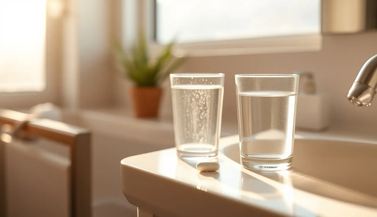 A single white tablet beside a water glass on a bathroom counter in morning light
