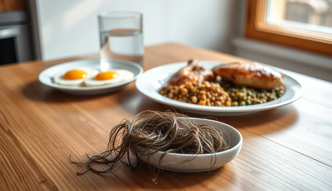 High-protein foods on a kitchen table beside shed hairs illustrating protein deficiency and hair loss
