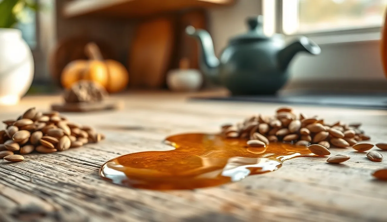 Amber pumpkin seed oil and raw seeds on a wooden surface in natural light