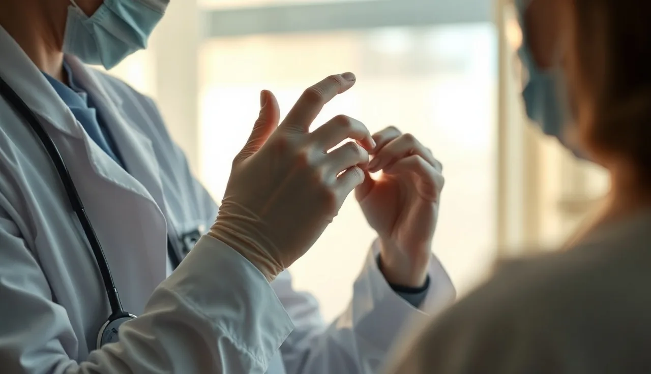 Clinician examining patient scalp in oncology clinic related to radiation hair loss
