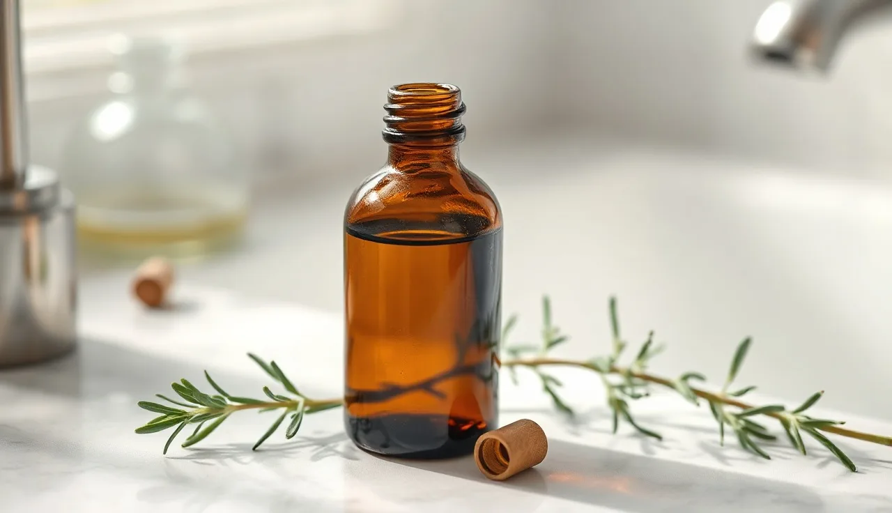 Rosemary oil bottle with fresh rosemary sprigs on a marble countertop