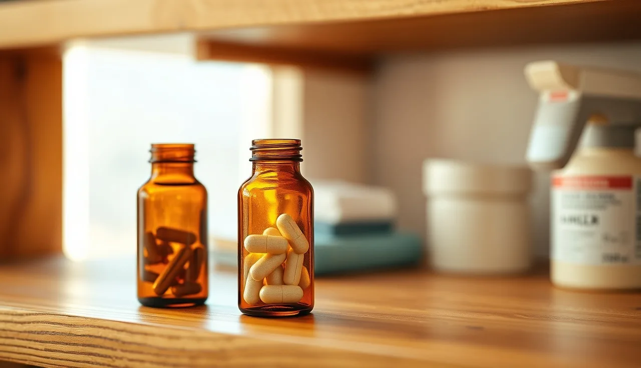 Two supplement and medication bottles on a bathroom shelf representing DHT blocker comparison