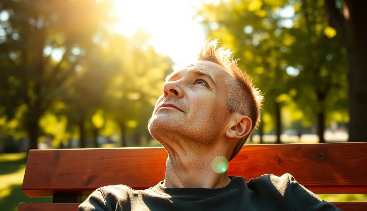 Man with thinning hair sitting in direct sunlight outdoors on a sunny day